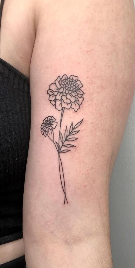 Marigold Flower Tattoo Fine Line, Marigold Stencil Tattoo, Cosmo Marigold Flower Tattoo, Fine Line Marigold Tattoo, Marigold Outline Tattoo, Marigold And Rose Tattoo, Aster And Marigold Flower Tattoo, Two Marigold Tattoo, Marigold Bouquet Tattoo