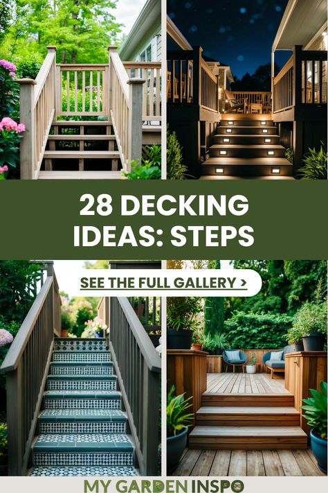 An engaging collection showcasing 28 amazing decking ideas with unique steps, including pictures of farmhouse-style lattice steps, LED-lit night scenes, patterned tile steps, and integrated seating. Perfect for anyone looking to enhance their outdoor area. Adding Stairs To Deck, Platform Steps Deck Stairs, Long Deck Ideas, Deck Steps With Landing, Front Yard Deck Ideas Entrance, Steps For Porch, Deck Ideas Simple, Low Deck Ideas Ground Level, Wooden Steps Outdoor