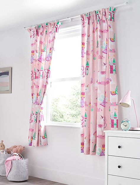 Bloomsbury Mill Magic Unicorn Curtains - Kids Lined Pair of Curtains Featuring Fairy Princess & Enchanted Castle's with Matching Tiebacks - Pink - 66 x 72 inch (168cm x 183cm) : Amazon.co.uk: Home & Kitchen Pink Nursery Curtains, Pink Curtains Nursery, Curtains Amazon, Curtains For Girls Bedroom, Girls Bedroom Unicorn, Princess Curtains, Vibrant Bedding, Girls Bedroom Curtains, Childrens Curtains