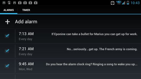 Les Mis motivation to get going in the morning =) Alarm Names, Clock Ring, Heart Echo, Aaron Tveit, Burglar Alarm, The French Revolution, Laughing And Crying, One More Day, French Revolution