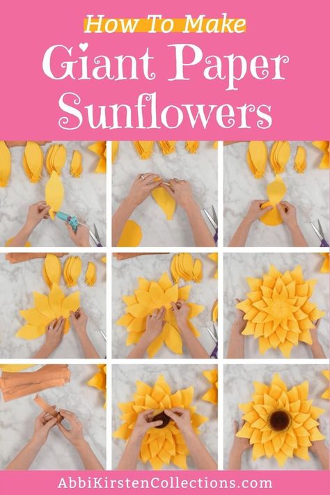 Sunflowers are one of the most beloved blooms! I decided it was time to reinvent the large sunflower with a new and improved center that was more true-to-life like a sunflower in nature! This giant paper sunflower tutorial will make you feel bright and cheery in no time. Use to decorate a nursery, as wedding backdrops, as photo props, and more! Use scissors or a Cricut to make these colorful blooms. Sunflower Centerpieces Diy, Sunflower Paper Flowers, Sunflower Paper Craft, Sunflower Template, Sunflower Paper, Sunflower Centerpieces, Sunflower Crafts, Paper Sunflowers, Preschool Christmas Crafts