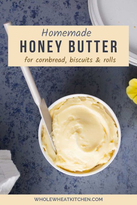 This homemade honey butter from scratch is a delicious addition to your baked goods like cornbread, biscuits, and rolls. It is easy to make and you only need 3 ingredients to make the base and then you can flavor it in many different ways. Butter For Cornbread, Honey Vanilla Cornbread, Homemade Honey Butter Biscuits, Home Made Honey Butter, Diy Honey Butter, Honey Butter For Cornbread, Honey Butter Recipe For Cornbread, Honey Butter Glaze For Cornbread, Church’s Honey Butter Biscuits