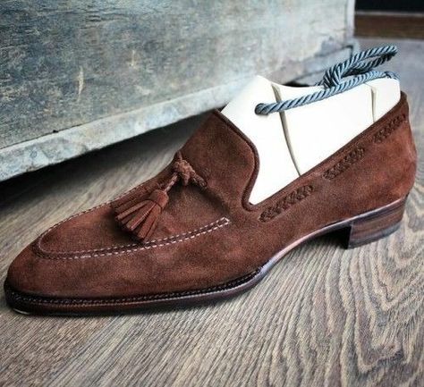 New Handmade Brown Suede Tassel Loafers Dress Formal Shoes on Storenvy Brown Loafer Shoes, Loafer Shoes For Men, Quality Leather Boots, White Leather Shoes, Custom Design Shoes, Bespoke Shoes, Suede Leather Shoes, Handmade Leather Shoes, Brown Loafers