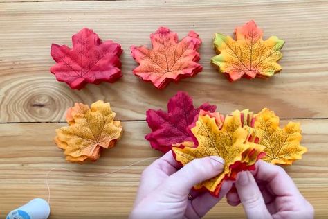 Learn How to Make These Easy Faux Leaf Fall Crafts | HGTV Fake Fall Leaves Crafts, Crafts With Fake Leaves, Felt Leaf Garland Diy, Fake Leaf Decor, Ombre Wall Art, Fall Leaf Decor, Diy Mod Podge, Autumn Leaves Craft, Fall Leaf Garland