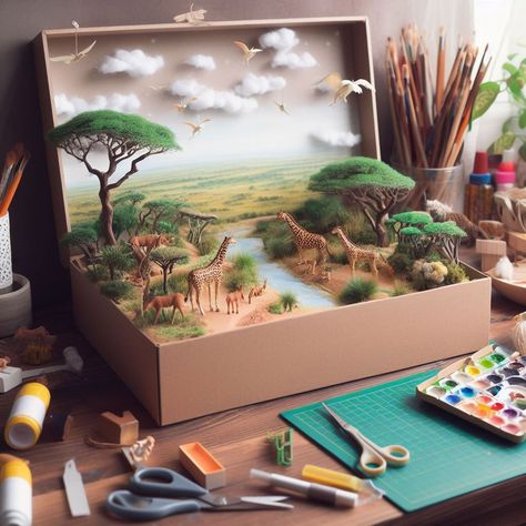 Diorama Animal Habitat, How To Make Diorama, Forest Diorama Shoebox School Projects, Forest Model School Project, Habitat Diorama Ideas For Kids, Diorama Ideas Diy, Savanna Diorama, School Diorama, Diaroma Ideas