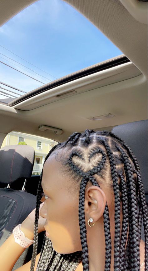 Side Heart Knotless Braids, Braids With Love Heart, Small Knotless With Heart On The Side, Love Heart Braids, Large Knotless Box Braids With Heart, Box Braids With Heart On The Side, Heart Part Knotless Braids, Knotless Braids With Heart, Thick Box Braids