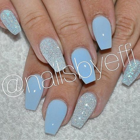 Blue with Diamond @nailsbyeffi #gelenaglar #gelnails #glitter #diamond #blue #naglar #göteborg Blue And Silver Nails, Silver Nail Designs, Blue Glitter Nails, Unghie Sfumate, Glitter Nails Acrylic, Light Blue Nails, Baby Blue Nails, Blue Acrylic Nails, Christmas Nails Acrylic