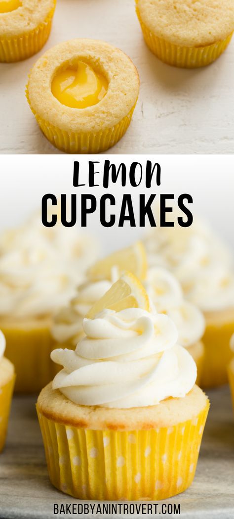 Two images with the top being a lemon cupcake filled with lemon curd and the bottom image focusing on a single lemon cupcake with frosting and a lemon slice on top. Lemon Filled Cupcakes, Lemon Frosting Recipes, Cupcakes Rellenos, Lemon Cupcake Recipe, Lemon Buttercream Frosting, Lemon Cream Cheese Frosting, Lemon Cream Cheese, Lemon Frosting, Lemon Buttercream