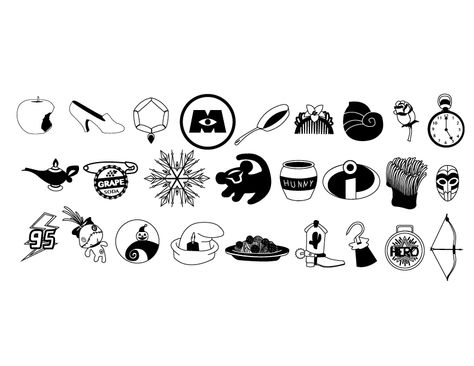 Disney Dingbats on Behance Small Disney Filler Tattoos, Disney Sleeve Filler, Disney Princess Symbols Tattoo, Tiny Movie Tattoos, Disney Pixar Tattoo Ideas, Simple Movie Tattoos, Disney Charm Tattoo, Disney Tattoos Black And White, Disney Symbols Tattoo