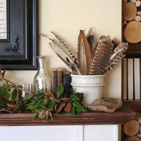 Fall Arrangement With Pheasant Feather - Photos & Ideas | Houzz Turkey Feather Decor, Pheasant Feather Decor, Thrift Decor, Feather Arrangements, Winter Mantels, Feather Centerpieces, Hunting Room, Creepy Decor, Scary Decorations