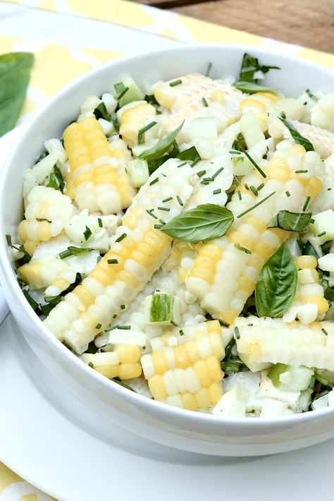 Corn and Cucumber Salad with Basil and Chives – The Fountain Avenue Kitchen Vegetable Ideas, Eat Salad, Summer Eating, Veggie Salad, Corn Salad, Summer Salad, The Fountain, Salad Bar, Seasoning Recipes