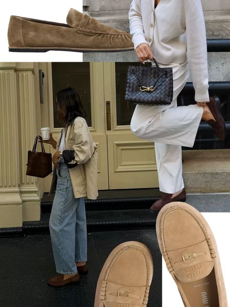 Suede Loafers | SheerLuxe Suede Loafers Outfit Women, Tan Loafers Outfit Women, Tan Loafers Outfit, Suede Loafers Outfit, Loafers Outfit Women, Loafer Outfits, Suede Loafers Women, Loafers Trend, Beige Loafers