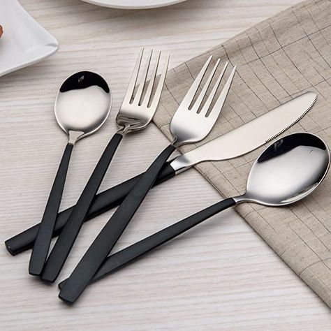 Golden Cutlery, Geometric Tray, Beautiful Flatware, Black Cutlery, Black Dinnerware, Silver Cutlery, Kitchen Utensil Set, Stainless Steel Flatware, Black Plates