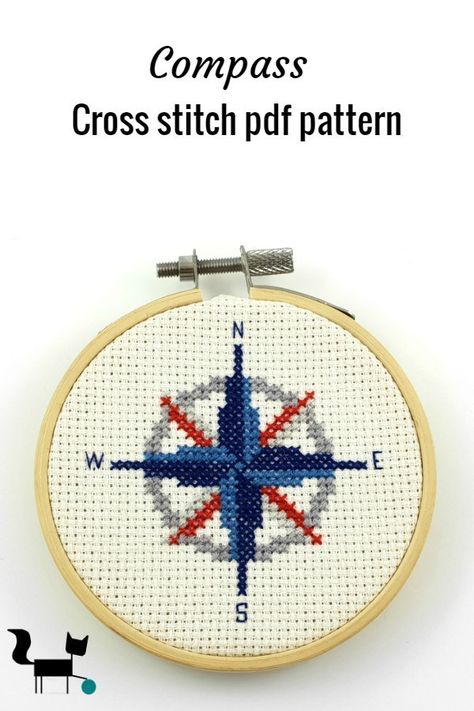 This quick little compass cross stitch pdf pattern can be used as part of a nautical themed home decor. This easy pattern can made in an afternoon or so. #crossstitchpattern #nautical #homedecor #compass Navy Cross Stitch, Cross Stitch Camping, Anchor Cross Stitch, Nautical Embroidery, Cross Stitch Sea, Themed Home Decor, Tiny Cross Stitch, Funny Cross Stitch Patterns, Cross Stitch Funny