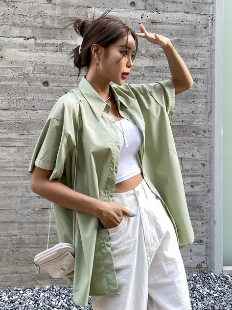 Mint Green Casual Collar Short Sleeve Fabric Plain Shirt Embellished Non-Stretch Summer Women Tops, Blouses & Tee Short Sleeve Shirt Outfit, Collared Shirt Outfits, Green Shirt Outfits, Oversized Shirt Outfit, Shirt Outfit Summer, Oversized Outfit, Women Blouses, Tshirt Outfits, Blouse Outfit