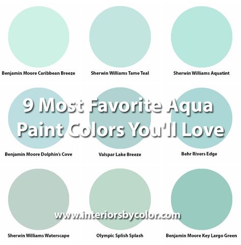 9 Most Favorite Aqua Paint Colors You'll Love http://www.interiorsbycolor.com/ aqua turquoise paint color palette Aqua Paint Colors, Turquoise Paint Colors, Coastal Paint Colors, Interior Paint Colors Schemes, Aqua Paint, Teal Paint, Quilt Studio, Turquoise Painting, Paint Color Schemes