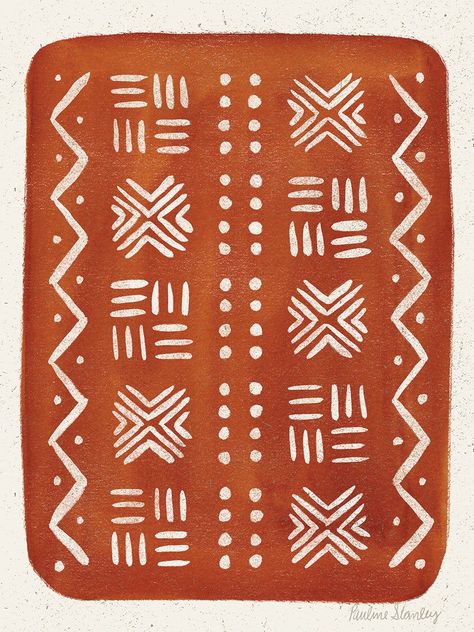 A beautiful blood orange background is home to shapes, symbols and patterns that please the eye and warm the soul. This lovely piece from Richmond native Pauline Stanley brings love and life into your home or office. Mud Cloth Pattern Rust by Pauline Stanley is produced with printing that covers the entirety of the canvas for a sleek and stylish museum-quality look. Our framed prints are made by expert craftsmen who strive to make each canvas the masterpiece that your home deserves. Each of our Mud Cloth Pattern, African Interior Design, Cloth Pattern, Diy Wall Art Decor, Pottery Painting Designs, Africa Art, African Pattern, Orange Background, Bottle Painting