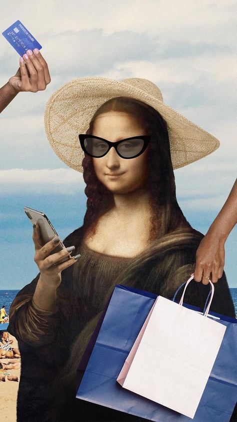 Mona Lisa shopping mobile wallpaper, Da Vinci's famous painting remixed by rawpixel | premium image by rawpixel.com / Adjima Funny Mona Lisa, Shopping Poster, Mona Lisa Parody, Instagram Branding Design, Creative Banners, Social Media Design Inspiration, Awesome Designs, Aesthetic Painting, Famous Art