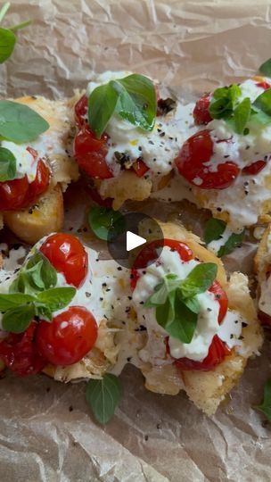 1.3K views · 1.7K reactions | Roasted Tomato Bruschetta. The weekend is almost here and we’ve got the perfect appetizer to share. We top the bread slices with freshly grated Parmesan and bake them until golden and melty. Top with tomatoes roasted with fresh oregano and stracciatella. They’re ideal for happy hour and go great with just about any cocktail. 
1 baguette sliced
8 oz Parmesan grated
14 oz cherry tomatoes 
1/4 c olive oil plus more for drizzling 
2 tablespoons fresh oregano leaves plus more for topping 
Salt and pepper 
8 oz stracciatella or burrata
Place the tomatoes in a baking dish and drizzle with olive oil, oregano salt and pepper. Transfer to a 400 degree oven and roast until the tomatoes start to burst. About 15 minutes. Transfer to a bowl. 
Sprinkle the cheese over a parc Roasted Tomato Bruschetta, Tomatoes Roasted, Oregano Salt, Greek Appetizers, Tomato Bruschetta, Oregano Leaves, Roasted Tomato, Fresh Oregano, Finger Food Appetizers