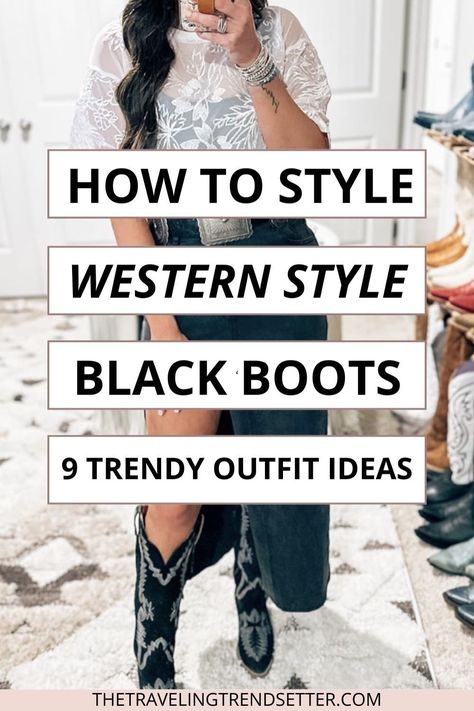 Step into Women's Fashion perfection with Black Western Boots. This post showcases versatile ways to wear Western Boots and incorporate them into your wardrobe. These Women's Shoes are perfect for creating bold, chic, and on-trend outfits for any occasion. Black Dress Cowboy Boots Outfit, Black Dress Cowboy Boots, Black Cowboy Boots Outfit Winter, Dress Cowboy Boots Outfit, Winter Cowboy Boots Outfit, How To Style Cowgirl Boots, Black Cowgirl Boots Outfit, Black Western Boots Outfit, Shoes With Dresses