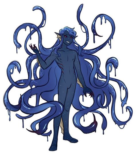 Human Kraken, Mutant Art Character Design, Teratophilia Art, Fish Person Oc, Water Themed Character Design, Octopus Oc Male, Slime Oc Male, Tentacle Hair Character Art, Tentacle Monster Creature