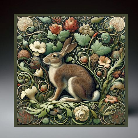 Bring the timeless beauty of the Arts and Crafts movement into your home with our ceramic tile, featuring a design inspired by the work of William Morris. This design captures the natural elegance and intricate patterns that define Morris's iconic style. The central motif, a hare nestled amongst a rich tapestry of foliage and florals, evokes the harmony of nature that Morris so adored. For Indoor Use Only. 2 size options: 6x6 or 8x8. Finish options: glossy (decorative only) satin (decorative or William Morris Interior, Arts And Crafts Tiles, Wall Tapestry Bedroom, Rabbit Ceramic, Arts And Crafts Tile, Woodland Rabbit, Succulent Painting, Vintage Woodland, Ceramic Tile Art