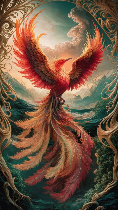 Immerse yourself in the stunning beauty of this phoenix wallpaper, where a magnificent bird rises from ashes in radiant hues of red, orange, and gold. Set against a mystical landscape, intricate Art Nouveau patterns frame the scene, while the interplay of light and shadow captures the essence of transformation. Perfect for those seeking art inspired by mythology, nature, and vivid landscapes. Download now for your device! Dragon And Phoenix Wallpaper, Rising Phoenix Wallpaper, Pheonix Aestethic Wallpaper, Phoenix Bird Wallpaper, Real Phoenix Bird, Phoenix Warrior, Mystic Animals, Tato Phoenix, Phoenix Rising From The Ashes