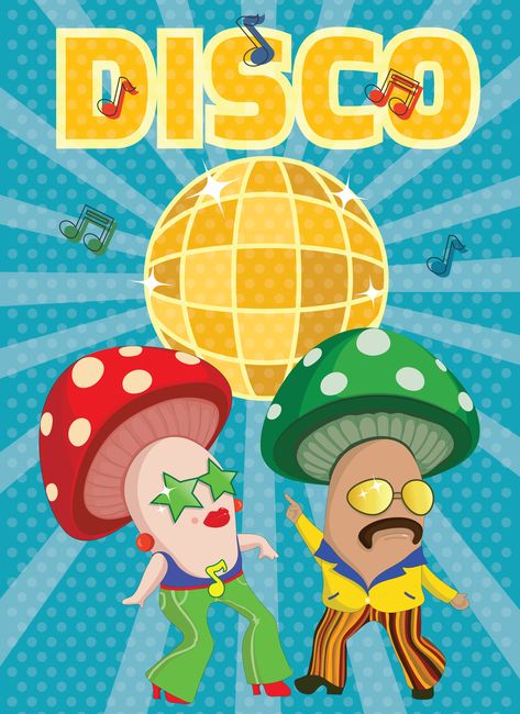 Let's dance all night long~! The stylish disco dance with mushroom dance fairies! Disco Party Drawing, Disco Cartoon, Fairies Mushroom, Mushroom Dance, Disco Mushroom, Dance Illustration, Dancing Funny, Fairy Dance, Fairy Mushroom