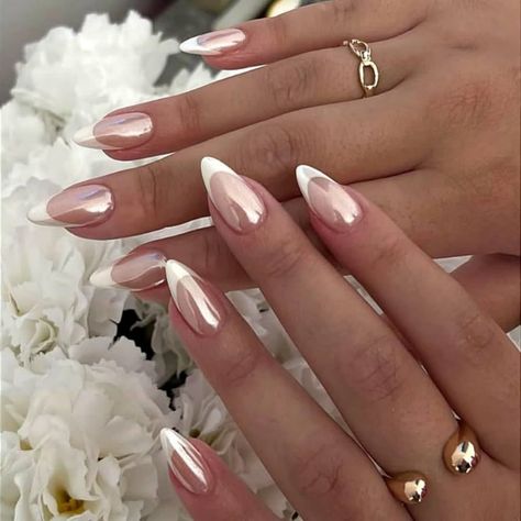 Best 23+ chrome french nails you must try this year Chrome French Nails, Future Nails, Chrome French, White Chrome Nails, Bridesmaids Nails, Chrome Nails Designs, Almond Nails Designs, Brown Nails, Bridal Nails