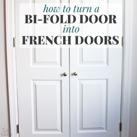 This easy tutorial shows you exactly how to turn your bi-fold door into French doors. Give your closet a custom look with beautiful French doors! Bifold Doors Makeover, French Closet Doors, Diy Closet Doors, Fold Door, Closet Door Makeover, Closet Diy, Front Door Makeover, Bifold Closet Doors, Hall Closet