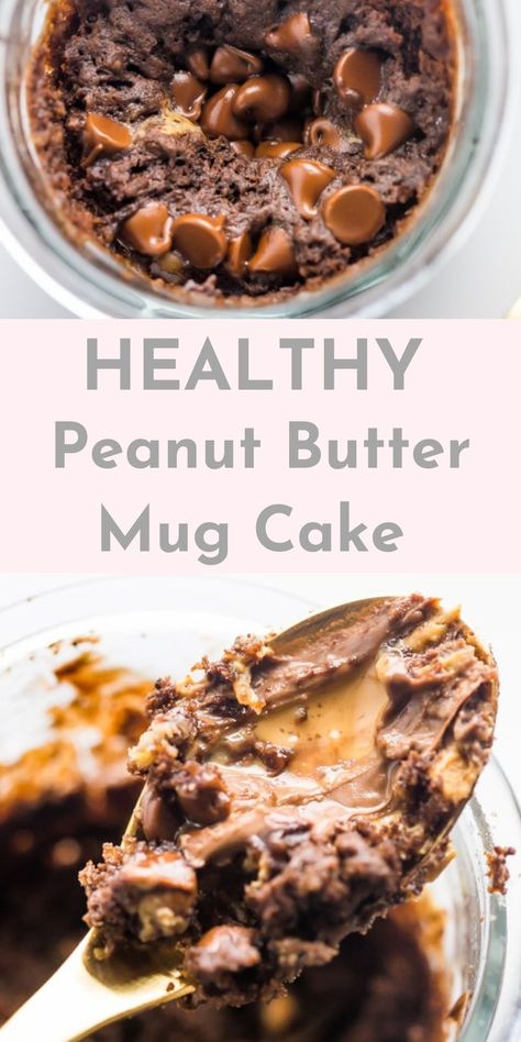 chocolate peanut butter mug cake with a golden spoon Mug Cake Chocolate Peanut Butter, Peanut Butter Chocolate Breakfast, Healthy Peanut Butter Mug Cake, Healthy Breakfast In A Mug, Mug Healthy Cake, Healthy Chocolate Desserts For One, Breakfast Mug Cake Healthy, Healthy Desserts In A Mug, Healthy Breakfast Mug Cake