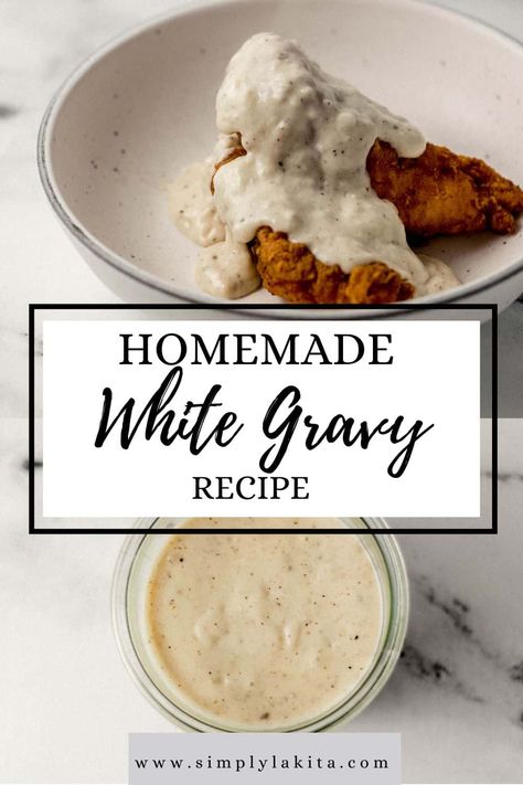 Try making this Homemade White Gravy, which is the perfect addition to so many Southern dishes. It's a simple gravy recipe that only requires five basic ingredients for a thick, creamy, and delicious gravy the whole family is sure to love. simplylakita.com #whitegravy Creamy Gravy Recipe, How To Make White Gravy, White Turkey Gravy Recipe, Country Style Gravy Recipe, Making Gravy With Flour, Jalapeño Gravy, Simple Gravy Recipe, Easy White Gravy, Southern Gravy Recipe