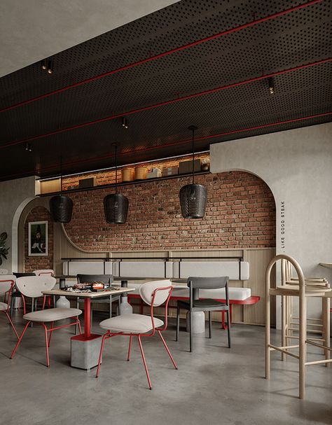 MASHWNA RESTAURANT IN JIZAN :: Behance Industrial Theme Restaurant, Burger Interior Design, Accent Wall Restaurant, Red Accent Chairs, Industrial Restaurant Interior, Arabian Restaurant, Cafe Space, Insignia Design, Shoe Store Design