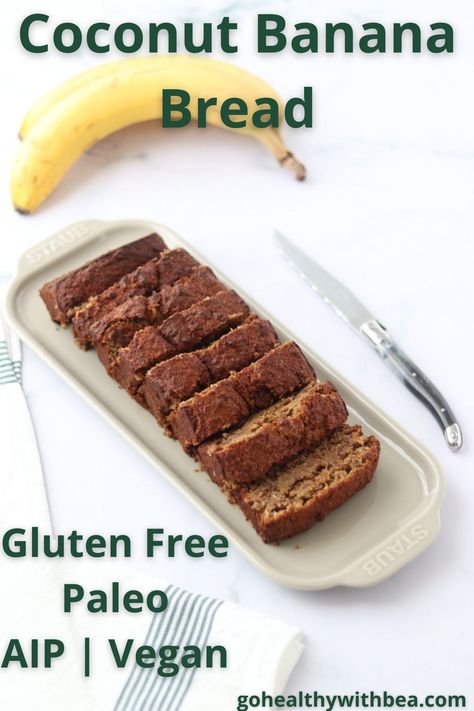 This coconut banana bread is simple and easy to make. A banana bread with coconut oil and shredded coconut for a delicious coconut flavor. This recipe is vegan, paleo and AIP compliant. Coconut Flour Banana Cake, Banana Bread Coconut Flour, Aip Banana Bread, Banana Bread No Eggs, Aip Cake, Banana Bread With Coconut, Dairy Free Egg Free Recipes, Autoimmune Protocol Diet Recipes, Coconut Flour Banana Bread