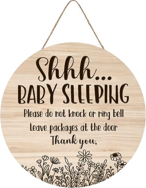 Amazon.com: Shhh... Baby Sleeping Hanging Sign Plaque, Do Not Knock Or Ring The Bell, Round Sturdy Wooden Door Hanger for Baby Room, Nursery, Kindergarten, Bedroom, Door Knob Decor 12In : Baby Baby Room Door Signs, No Visitors After Baby Sign Front Doors, Shhh Baby Sleeping Pillow Door Hanger, Baby Door Sign Sleeping, Kids Room Door Signs Baby, Welcome Quotes, Ring Bell, Wooden Door Hangers, Plaque Sign