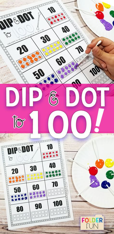 Dip & Dot to 100!  Free Hands-On Math Worksheets. Your students will LOVE this free dip and dot activity sheet.  Students carefully dip and dot their way through each group of ten by filling in each ten frame until they reach 100. Kinder Math Centers, 100th Day Of School Crafts, 100s Day, 100 Day Of School Project, Counting To 100, Math Centers Middle School, Math Center Activities, Dot Day, Kindergarten Fun