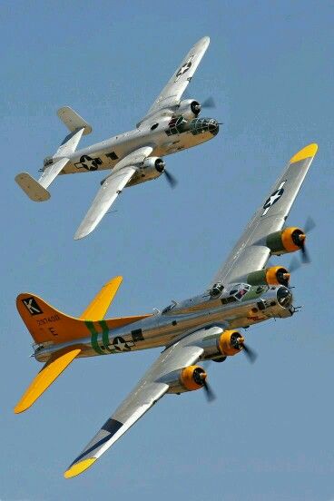 WWII Nostalgia. B25 Mitchell and B17 flying fortress. Wwii Fighter Planes, Wwii Airplane, Flying Fortress, Old Planes, Wwii Fighters, Vintage Instagram, Wwii Plane, Military Airplane, Ww2 Planes