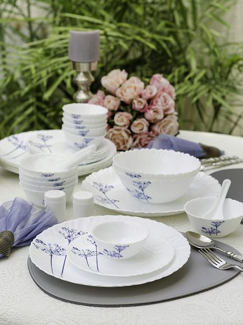 LaOpala Opalware Dinner Set - 35 Pieces, White :RS.2100 https://amzn.to/307BgMj Glass Dinner Set, Crockery Design, Wedding Entrance Decor, Backyard Picnic, Bridal Gift Wrapping Ideas, English Lavender, Instagram Link, Small Containers, Dinner Set