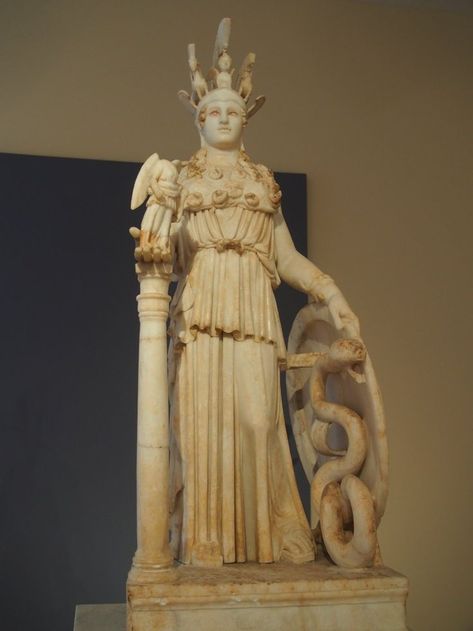 "The Varvakeion, a Roman marble copy of the colossal gold and ivory statue of the Athena Parthenos by Phidias" Athena Parthenos, Ancient Atlantis, Roman Gods, Roman Sculpture, Greek And Roman Mythology, Athena Goddess, Ancient Sculpture, A Level Art, Greek Goddess