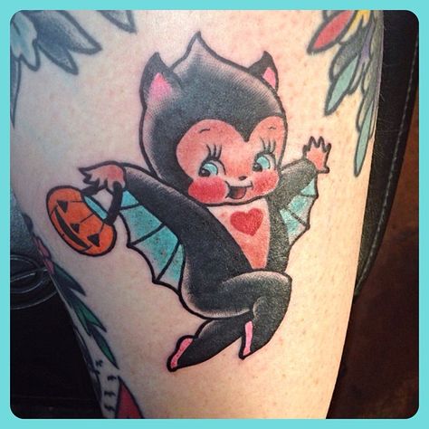 Happy halloweenie!!! #kewpietattoo #battattoo #batkewpue #halloweentattoo… Kewpie Tattoo, Creepy Kawaii, Doll Tattoo, Bat Tattoo, Kawaii Tattoo, Metal Tattoo, Spooky Tattoos, Halloween Tattoo, Kewpie Dolls