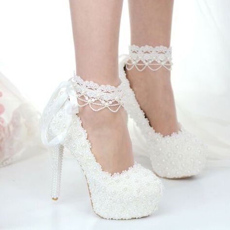 Prom Shoes White, Flower Wedding Shoes, White Heels Wedding, Wedding High Heels, Fairy Shoes, Wedding Pumps, Wedding Shoes Lace, Wedding Shoes Bride, White Wedding Shoes