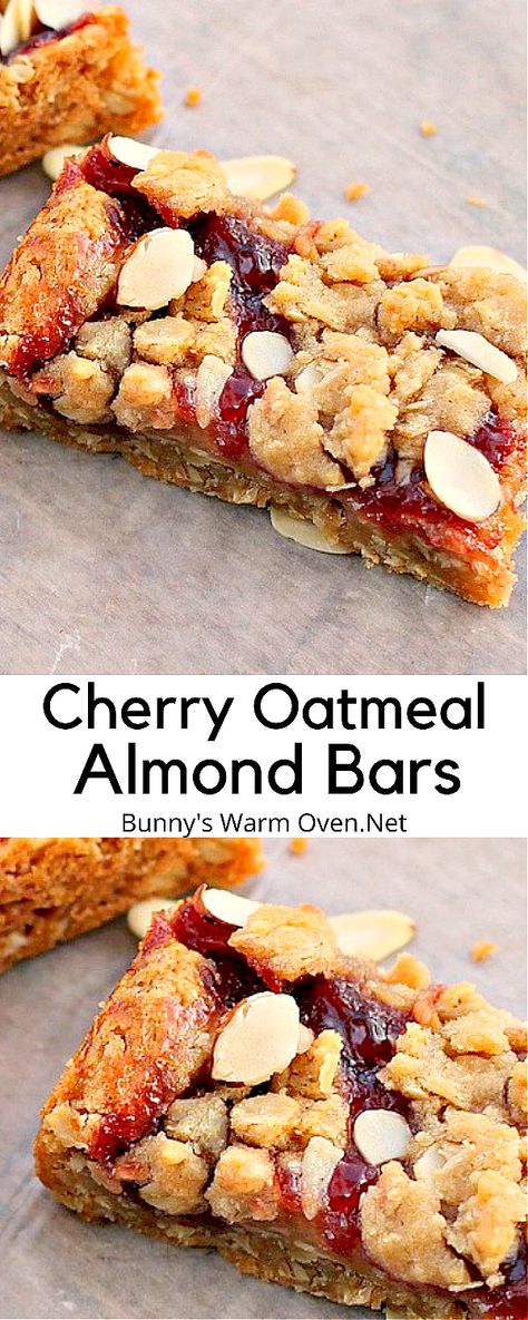 Oatmeal Almond Bars are easy to make and are absolutely delicious! The buttery oatmeal almond crust is soft and chewy, the cherry preserves are wonderful with the sliced almonds. It was just perfect, absolutely perfect. Sliced Almonds Recipes, Bar Ideas Party, Breakfast Bar Ideas, Best Breakfast Bars, Cherry Oatmeal Cookies, Almond Oatmeal, Cherry Oatmeal, Finger Foods For Kids, Almond Bars