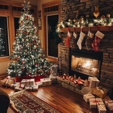 Cozy Christmas Scene: A beautifully decorated Christmas tree stands by a warm fireplace adorned with festive stockings in a cozy room. #christmas #fireplace #stockings #tree #gifts #aiart #aiphoto #stockcake ⬇️ Download and 📝 Prompt 👉 https://ayr.app/l/QEyK Fireplace And Christmas Tree, Christmas Tree Fireplace, Christmas Tree Stands, Christmas Tree And Fireplace, Fireplace Stockings, Fake Fireplace, Warm Fireplace, Third Rail, Tree Gifts