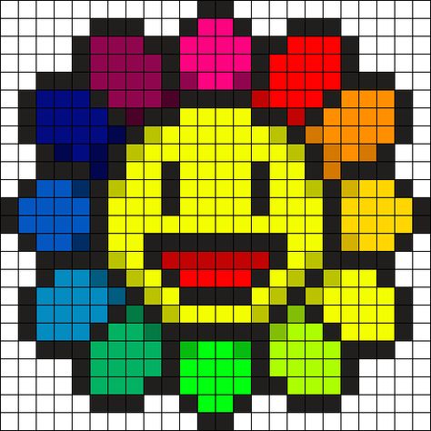 Murakami Flower NFT Lol Perler Bead Pattern | Bead Sprites | Misc Fuse Bead Patterns Perler Bead Patterns Minecraft Flowers, Murakami Flower Pixel Art, Kidcore Perler Bead Patterns, Perler Bead Flower Patterns, Perler Bead Flower, Kandi Perler Pattern, Flower Perler Bead Patterns, Flower Grid Pattern, Minecraft Flowers Pixel Art