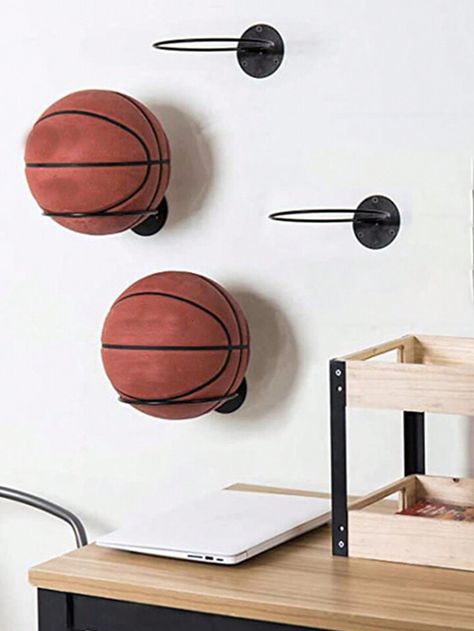 1pc Wall Mounted Basketball Storage Rack | SHEIN USA Basketball Coach Office Ideas, Basketball Decorations For Room, Girls Basketball Room Ideas, Basketball Theme Room, Basketball Storage, Basketball Room, Basketball Decorations, Basketball Wall, Basketball Theme