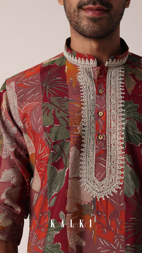 "Elevate your festive look with our Red Cotton Kurta. It boasts an all-over print and intricate embroidery work on the yoke. This ensemble seamlessly combines style and tradition, making it an ideal choice for celebratory occasions. The pack includes a full-sleeved kurta with a mandarin collar. " Printed Kurta For Men, Printed Kurtas, Kurta For Men, Red Kurta, Festive Look, Cotton Kurta, Man Fashion, Boys Fashion, Intricate Embroidery