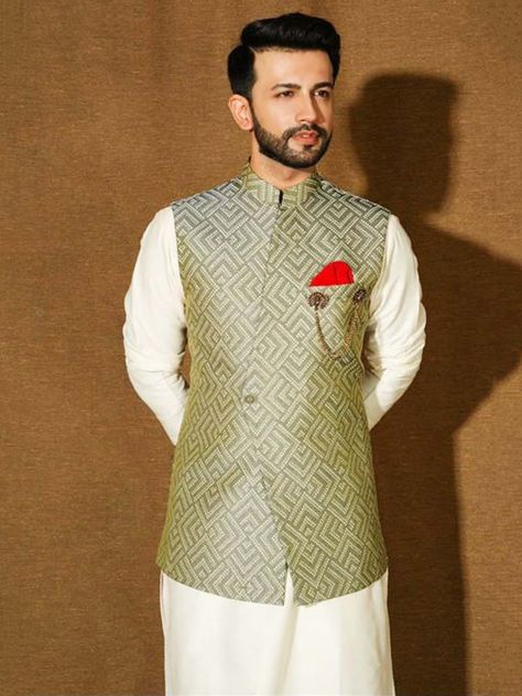 Indian Vest For Men, Koti Design For Man, Kurta Pajama Men With Jacket, Bandi Jacket Men, Waist Coat Men Wedding, Koti Jacket For Men, Kurta Pajama Wedding, Pajama Wedding, Nehru Jacket With Kurta