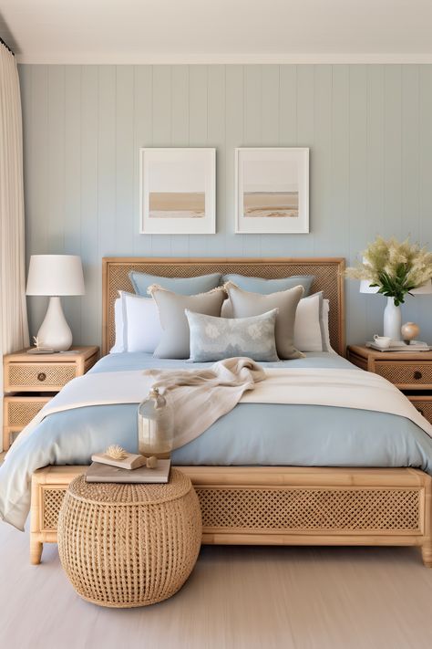 This Small Modern Bedroom transports you to the coast with its light blue and sandy beige color scheme. A rattan headboard and seashell decor complete the look. Feng Shui Bedroom Decor, Hamptons Bedroom, Small Modern Bedroom, Costal Bedroom, Coastal Room, Coastal Bedrooms, Beach Bedroom, Bedroom Refresh, Decoration Inspiration