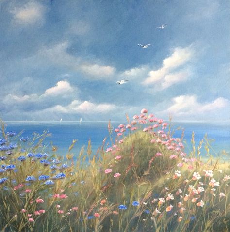 Cottage Core Blue Aesthetic, Beach Painting Aesthetic, Cottage Core Painting, Pastel Sec, Landscape View, Pretty Landscapes, Landscape Art Painting, Tableau Art, Aesthetic Painting