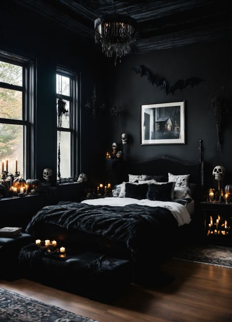 Goth Master Bedrooms Decor, Modern Goth Interior Design, Gothic Interior Design Bedroom, Gothic Modern Bedroom, Vintage Goth Bedroom, Black Painted Bedroom, Black Gothic Bedroom, Cozy Goth Bedroom, Gothic Room Aesthetic